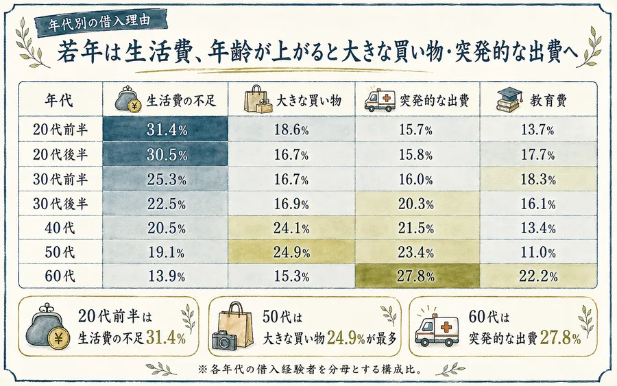 年代別の借入理由(20代前半は生活費の不足31.4%、年齢が上がると大きな買い物・突発的な出費へ)
