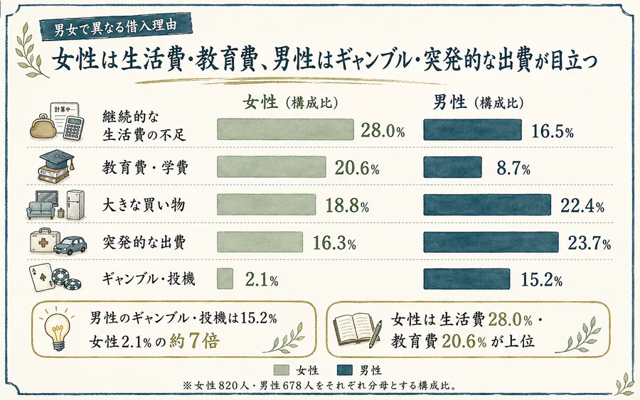 男女別の借入理由(女性は生活費28.0%・教育費、男性はギャンブル15.2%が目立つ)