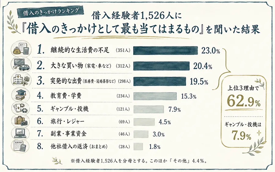 借入のきっかけランキング(1位・継続的な生活費の不足23.0%、上位3理由で62.9%)