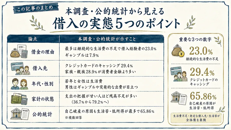 本調査・公的統計から見える借入の実態5つのポイント(生活費の不足23.0%・キャッシング29.4%・自己破産の原因は生活苦65.86%)